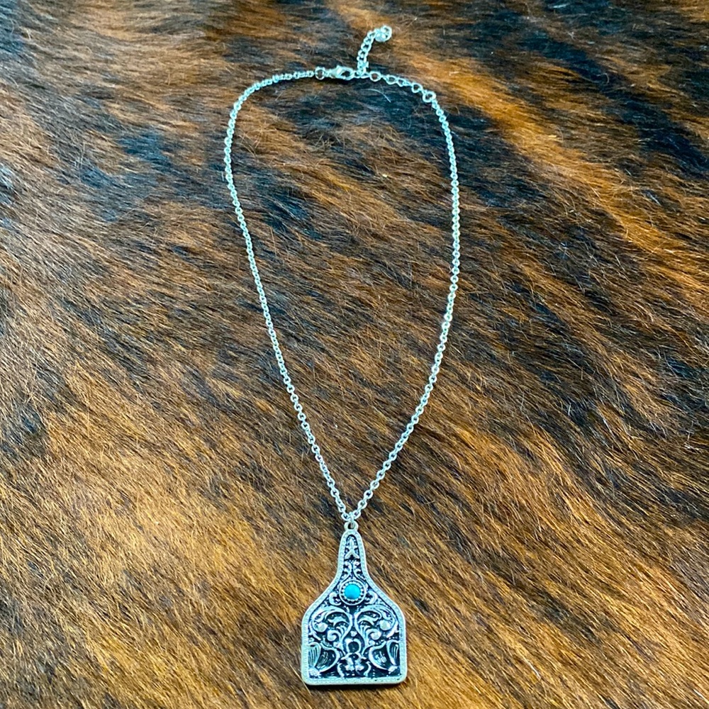 Cow Tag Necklace With Faux Turquoise Stone - Picture 1 of 2